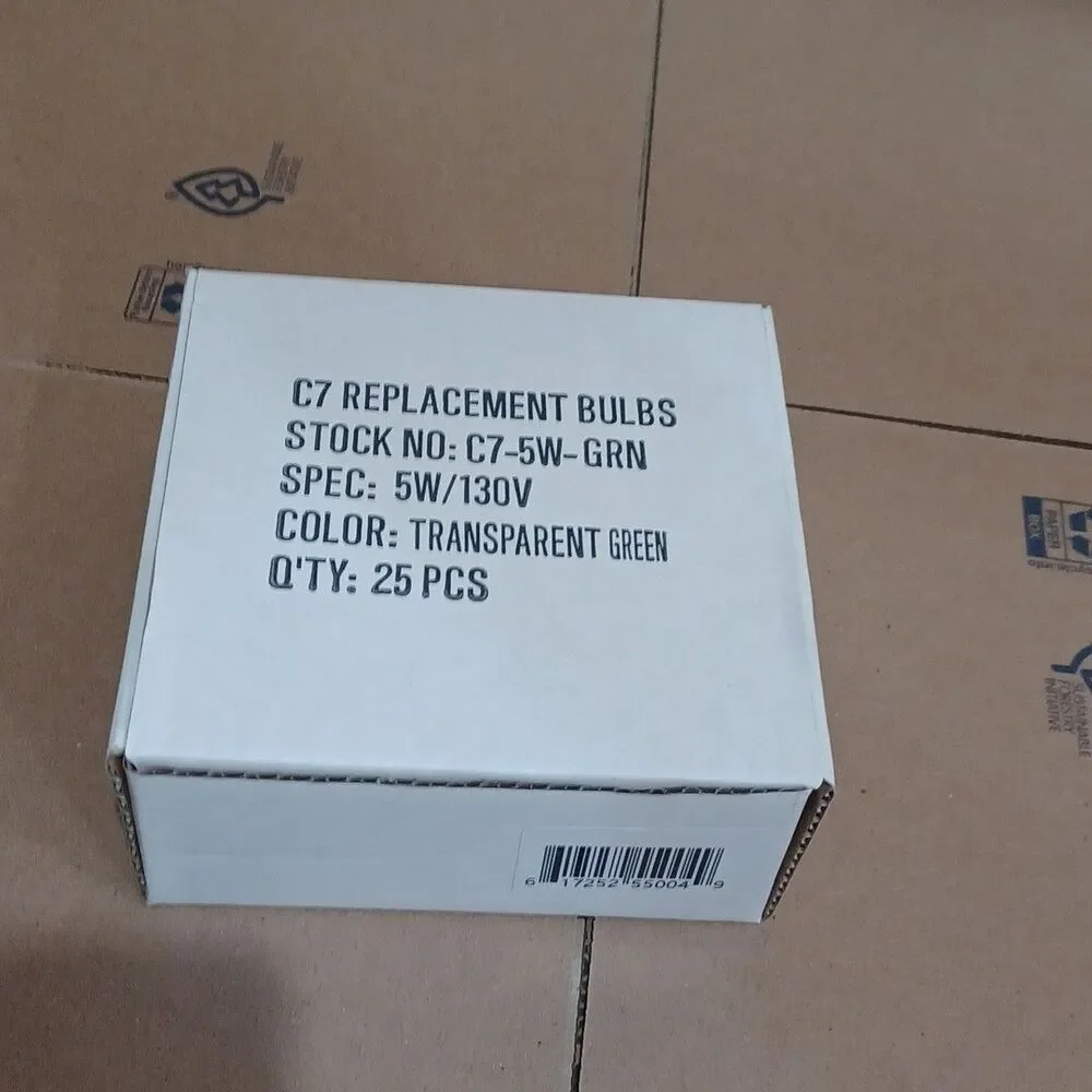 C7 5W Green Box of 25 Replacement Bulbs Transparent 130v NOS Light Outdoor Craft
